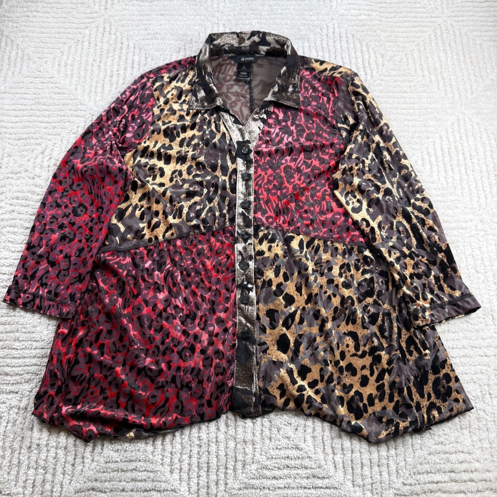 Ali Miles Animal Print Tunic Women's PL Red Gold Leopard Artsy Eclectic Whimsy